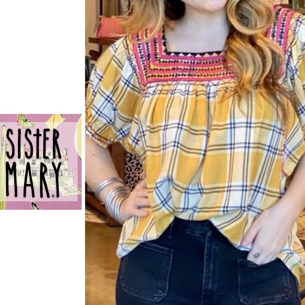 Sister Mary plaid Alana embroidered top